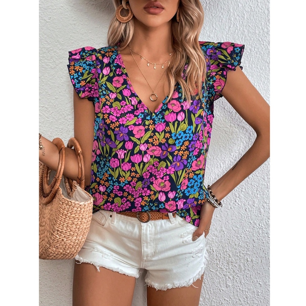 Floral Multicolor Shirt V-Neck Butterfly Cap Sleeve - Picture 6 of 7